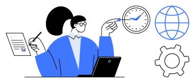 Elinde belge tutan ve saate, laptopa, küreye, teçhizata bakan biri. Zaman yönetimi, üretkenlik, iş akışı, çoklu görev, küresel strateji dijital araçları için ideal basit metafor