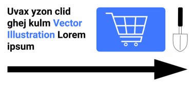 Mavi alışveriş arabası, mala, ilerlemeyi vurgulayan siyah ok. Metin elemanları soyut ve ticari konuları harmanlarlar. E-ticaret, araç-gereç, alışveriş, navigasyon, iş pazarlaması için ideal