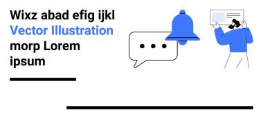 Üç noktalı konuşma balonu, bildirim zili ve belgeyi inceleyen kişi. İleti, uyarı, işbirliği, verimlilik, bildirim, e-posta sade iniş sayfası için ideal