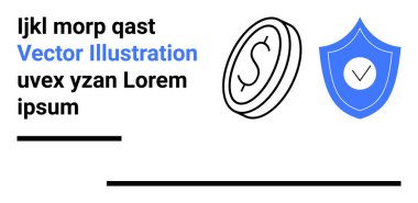 Dolar işaretli sikke ve işaretli kalkan finans, güvenlik ve güveni simgeliyor. Fintech, bankacılık, yatırım, sigorta, tasarruf, dijital cüzdanlar için ideal