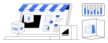 Mağaza vitrinli dizüstü bilgisayar, alışveriş çantaları, ürün ikonları, satış kutuları ve analitik için bar grafiği. E-ticaret, çevrimiçi alışveriş, perakende, ürün satışları dijital pazarlama küçük işletmeler için ideal
