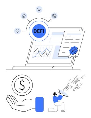 DeFi simgeli dizüstü bilgisayar, çizelge, sertifikalı sözleşme. Dolarla el ele tutuşmak, kampanya başlatmak. Engelleme zinciri, finans, yatırım, pazarlama analizleri için ideal basit iniş sayfaları