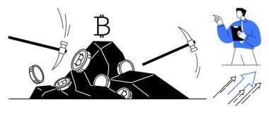 Taşları kırıyor Bitcoin paralarını ortaya çıkarıyor, iş adamı yukarı bakan oklarla trendleri analiz ediyor. Engelleme zinciri, kripto para birimi, yatırım, madencilik, finans, analiz, ilerleme için ideal