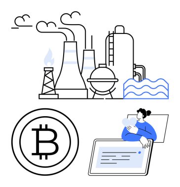 Bacalı elektrik santralleri, endüstriyel elementler, Bitcoin sembolü ve tablet üzerinde çalışan bir kişi. Enerji, kripto para birimi, dijital ekonomi, teknoloji finans sektörü yatırımları için idealdir. Düz