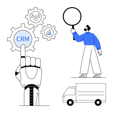 Robot el, analitik ve lojistik sembollerle çevrili CRM teçhizatıyla etkileşime girer. Adam dağıtım kamyonunun yanındaki büyüteçleri inceliyor. CRM, otomasyon, analitik, lojistik ve teknoloji için ideal
