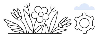 Yapraklı çiçekler bulut ve teçhizatla tamamlanır, doğa ve teknolojik kavramları harmanlarlar. Sürdürülebilirlik, eko-teknoloji, yenilik, bilim, denge, birlikte yaşam, basit