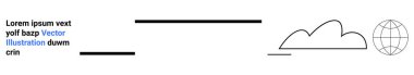Izgara şekilli küre, bulut tasarımı ve görsel çerçeve oluşturan kalın yatay çizgilere sahip metin elemanları. Teknoloji, küresel bağlantı, minimalist tasarım, ağlar, veri transferi, ticari markalaşma için ideal