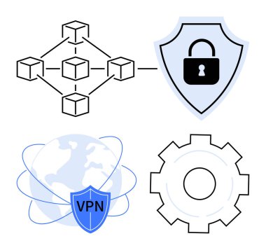 Block zinciri bağlantıları, veri güvenliği için asma kilit, VPN kalkanlı dünya ve ayarlar için ekipman. Siber güvenlik, engelleme zinciri, küresel ağ, VPN, yazılım entegrasyonu veri süreci için ideal