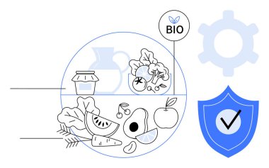 Taze meyve, sebze ve biyolojik etiketli buğday, işaretli kalkan ve teçhizat. Organik tarım, kalite güvencesi, çevre dostu gıda, sürdürülebilirlik sağlıklı beslenme için ideal