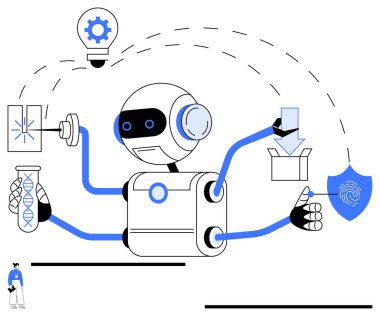 Robot görevlerini yerine getirirken DNA araştırması, yenilik, veri analizi, ambalaj ve siber güvenlik konularına parmak basıyor. Yapay zeka, otomasyon, yenilikçi biyoteknoloji lojistik siber güvenlik bilimi için ideal. Düz