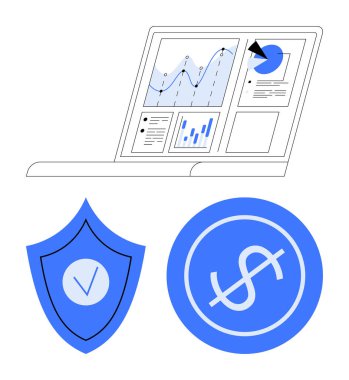 Veri tablolarına sahip dizüstü bilgisayar ekranı, işaretli kalkan ve para birimi simgeleri. Finans, sigorta, analitik, iş stratejisi, güvenlik, teknoloji, basit iniş sayfası için ideal