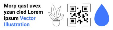 Siyah ve mavi QR kodu, kabın içindeki çizgili sanat bitkisi ve kalın mavi su damlası. Dijital pazarlama, markalaşma, sürdürülebilirlik, teknoloji iletişimi, çevre dostu temalar, web tasarımı dairesi için ideal