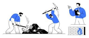 Erkekler kömür çıkarmak için çekiç ve kazma kullanırken, bir yönetici de sembolik bir fırının yanında çalışıyor. Endüstri, enerji, takım çalışması, denetim, işçilik, madencilik, kaynak çıkarma için idealdir. Düz