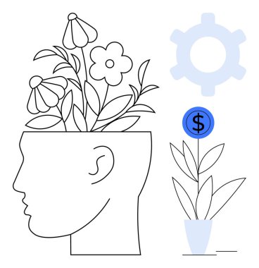 İçinde büyüyen çiçeklerle ana hatları yaratıcılığı simgeliyor, yenilik için teçhizat, maddi büyüme için dolar işareti olan saksı bitkisi. Yaratıcılık, yenilik, büyüme ve farkındalık için ideal