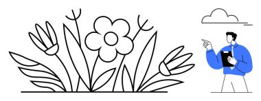 Çiçekler ve yapraklar çiçek açarken, panosu olan adam bulutların altındaki büyümeyi gözlemliyor. Doğa bakımı, bahçıvanlık, büyüme denetimi, bahar fikirleri, ekoloji eğitimi, çiçek gelişimi için ideal