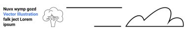 Bir ağacın basit çizgileri ve yatay çizgiler ve yer tutucu metinlerle ayrılmış bir bulut. Doğa, çevre, tasarım, yer tutucular, minimalizm, öğrenme için ideal, basit iniş sayfası