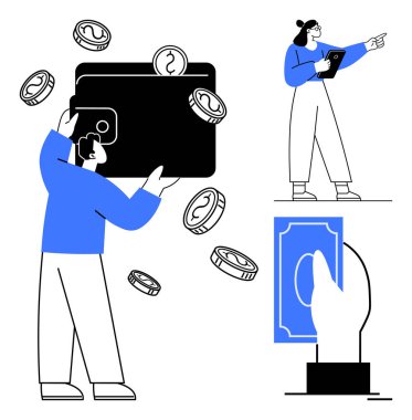 Dijital cüzdan taşıyan bir adam, dağınık bozuk paralar, tablet üzerinde analiz yapan bir kadın, para yerleştiren bir kadın. Finans, takım çalışması, çevrimiçi ödemeler, teknoloji, basit iniş sayfası planlama için ideal