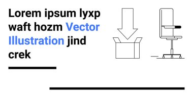 Ofis sandalyesi, açık kutu, aşağı ok açılmayı ya da dağıtımı sembolize ediyor. Nakliye, teslimat, lojistik, işyeri kurulumu, e-ticaret, basit iniş sayfaları için ideal