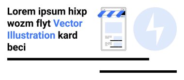 Mobil cihaz, mağaza önü tasarımı, mavi tente, yıldırım sembolü ve yer tutucu metin. E-ticaret, teknoloji, pazarlama, hizmetler, iş kavramları için ideal kullanıcı merkezli arayüzler basit