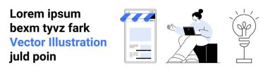 Mobil vitrin ekranı, dizüstü bilgisayarda çalışan kadın ve ampul simgesi. E-ticaret, uzaktan çalışma, yaratıcılık, teknoloji, yenilik, dijital pazarlama basit iniş sayfası için ideal