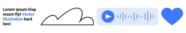 Bulut ana hatları, ses dalgası ile oynat düğmesi, medyanın, teknolojinin, internetin, iletişimin, yayının, eğlencenin, basit iniş sayfasının birleşiminden oluşan mavi kalp sembolü