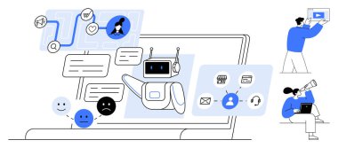 Yapay zeka sohbet robotu mesaj baloncukları, duygu simgeleri ve dizüstü bilgisayardaki çalışma akış çizelgeleri ile etkileşim halindedir. Kullanıcılar iletişim, analiz ve otomasyon için yapay zeka ile çalışıyor. Müşteri hizmetleri, teknik uygulamalar ve sanal için ideal.