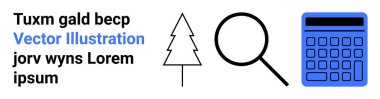 Ağaç çizgisi, büyüteç ve mavi hesap makinesi simgesi, rastgele metnin yanında. Doğa, arama, teknoloji, eğitim, minimalizm, kullanıcı arayüzü için ideal basit iniş sayfası