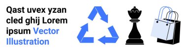 Mavi geri dönüşüm okları, siyah satranç kralı ve alışveriş torbaları geri dönüşüm, strateji ve ticaret öneriyor. Sürdürülebilirlik, karar verme, pazarlama, alışveriş dairesel ekonomi sektörü için ideal