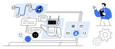 Yapay zeka sohbet robotu kullanıcıları bir dizüstü bilgisayardaki metin ve simgelerle meşgul ediyor. Ağ diyagramı ve kullanıcı simgesi vurgulama bağlantısı ve kişiselleştirme. Müşteri etkileşimi, otomasyon, destek, bilişim araçları için ideal