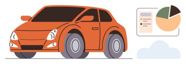 Turta grafiği ve kontrol listesi içeren turuncu araba veri görselleştirme panelinin yanına park edilmiş. Ulaşım, teknoloji, veri, analiz, iş, otomotiv eğilimleri için ideal, basit iniş sayfası