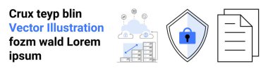 Veri analiz arayüzü, satırlarla bağlı bulut depolama, anahtar deliği sembollü kalkan ve istiflenmiş dosyalar. Siber güvenlik, gizlilik, bulut hesaplama, analitik, veri koruma bilişim hizmetleri için ideal