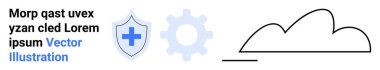 Tıbbi haçlı kalkan, vites sembolü ve bulut çizgisi. Sağlık hizmetleri, bulut hesaplama, veri koruması, teknoloji entegrasyonu, siber güvenlik, basit sağlık hizmetleri iniş sayfası için ideal