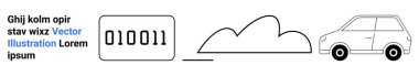 Minimalist araba, ikili kod ve metne bağlı bulut. Teknoloji, veri, çevre, ulaşım, yenilik, bağlantı veya basit bir iniş sayfası için ideal