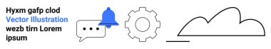 Konuşma balonu, alarm için çan simgesi ayarlar için dişli ve veri depolama için bulut sembolü. Teknoloji, iletişim, alarm, bulut hizmetleri, güncelleme uygulamaları için ideal