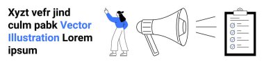Görevleri olan bir panoya doğru hareket eden bir kadın, anonsları sembolize eden megafon. İletişim, takım çalışması, organizasyon, pazarlama, planlama, liderlik için ideal