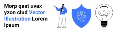 Gösterirken profesyonel bir pano, parmak izi sembollü bir kalkan ve güvenlik, yenilik ve fikirleri temsil eden bir ampul. Siber güvenlik, yaratıcılık, takım çalışması, eğitim için ideal