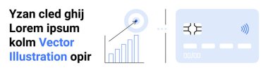Büyüme verileri ve hedefi olan bir bar tablosu, akıllı bir ödeme kartı konseptine bağlı. Finans, teknoloji, analitik, iş stratejisi, yatırım, ödeme sistemleri için ideal, basit iniş sayfası