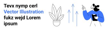 Businessperson, büyüme eğilimleri, gelişim ve strateji için saksı bitkisinin yanında bir pano ile yukarı bakan okları analiz ediyor. Ticari ilerleme, analiz, yatırım, planlama, büyüme yönü için ideal