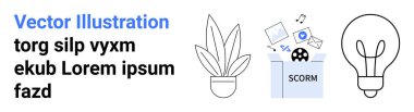 Çoklu ortam öğeleri, saksı bitkisi ve ampul içeren SCORM kutusu e-öğrenmeyi, yaratıcılığı, fikirleri ve büyümeyi sembolize eder. Eğitim, yenilik sürdürülebilirlik ve iş için ideal. Mükemmel düz iniş.