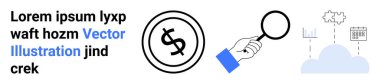 El ele tutuşan büyüteç, dolar para birimi simgesi veri grafikli bulut ve takvim. Finansal teknoloji, bulut depolama, analitik, iş eğilimleri, piyasa analizi dijital araçlar için ideal