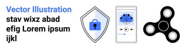 Güvenlik için kilitli bir kalkan, Nilüfer çiçeği içeren akıllı telefon ve dönen oyuncak. Güvenlik, teknoloji, farkındalık, UI, oyun, yaratıcılık stresi azaltma, düz iniş sayfası afişi için ideal
