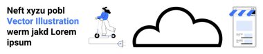 Elektrikli scooter kullanan bir kadın, minimum bulut şekli ve vitrin simgesi. Hareketlilik, bulut teknolojisi, çevre, dağıtım, e-ticaret, bağlantı için ideal basit iniş sayfası