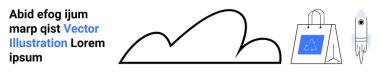 Soyut bulut, roket ve çok az metin dizaynlı alışveriş torbası. Kavramsal kavramlar için ideal yenilik, teknoloji, girişimler, e-ticaret, basitlik, fütüristik projeler ve basit iniş sayfası