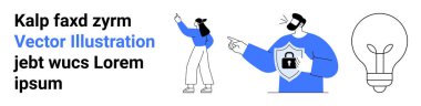 Veri güvenliği için kalkan tutan adam, fikirlere doğru hareket eden kadın, yeniliği temsil eden ampul. Koruma, yaratıcılık, takım çalışması, teknoloji, eğitim için ideal, basit iniş