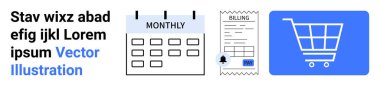 Aylık takvim, fatura makbuzu, ödeme uyarısı, alışveriş arabası ikonu. Abonelik yönetimi, e-ticaret, fatura, zamanlama, ödeme takibi, çevrimiçi hizmetler için ideal basit iniş sayfası