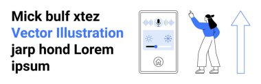 Kadın akıllı ev asistanı dokunmatik ekran paneliyle etkileşime giriyor, ideal kontrol ayarlarını ayarlıyor. Yenilik, teknoloji, akıllı ev, arayüzler, ilerleme, gelecek ve basit iniş için ideal