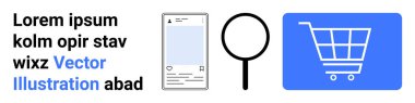 Mobil uygulama sayfası, büyüteç ve alışveriş arabası simgesi çevrimiçi alışveriş, arama ve dijital perakende satışını vurguluyor. E-ticaret için ideal, çevrimiçi mağazalar, uygulama tasarımı, pazarlama arama motorları sosyal