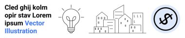 Fikirler için ampul, modern şehir binaları ve daire şeklinde dolar işareti. Yenilik, ticaret, finans, sürdürülebilirlik, kentsel kalkınma, girişimler ve basit iniş sayfası için ideal