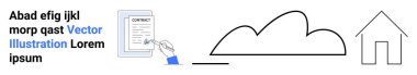 El imzası sözleşmesi, soyut metin, bulut ve ev unsurları. Gayrimenkul, teknoloji, anlaşmalar, mülkiyet yönetimi, dijital dönüşüm için ideal, minimalizm basit iniş sayfası