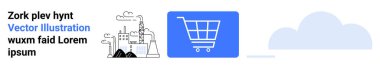 Mavi bir kutuda alışveriş arabası ikonu endüstriyel elementleri olan bir fabrika ve bulut grafiği. E-ticaret, bulut teknolojisi, çevrimiçi alışveriş, endüstriyel süreçler, lojistik ve modern işletmeler için ideal